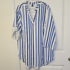 SHEIN Blue & White Vertical Stripe Casual Button-Down Shirt Size 1XL